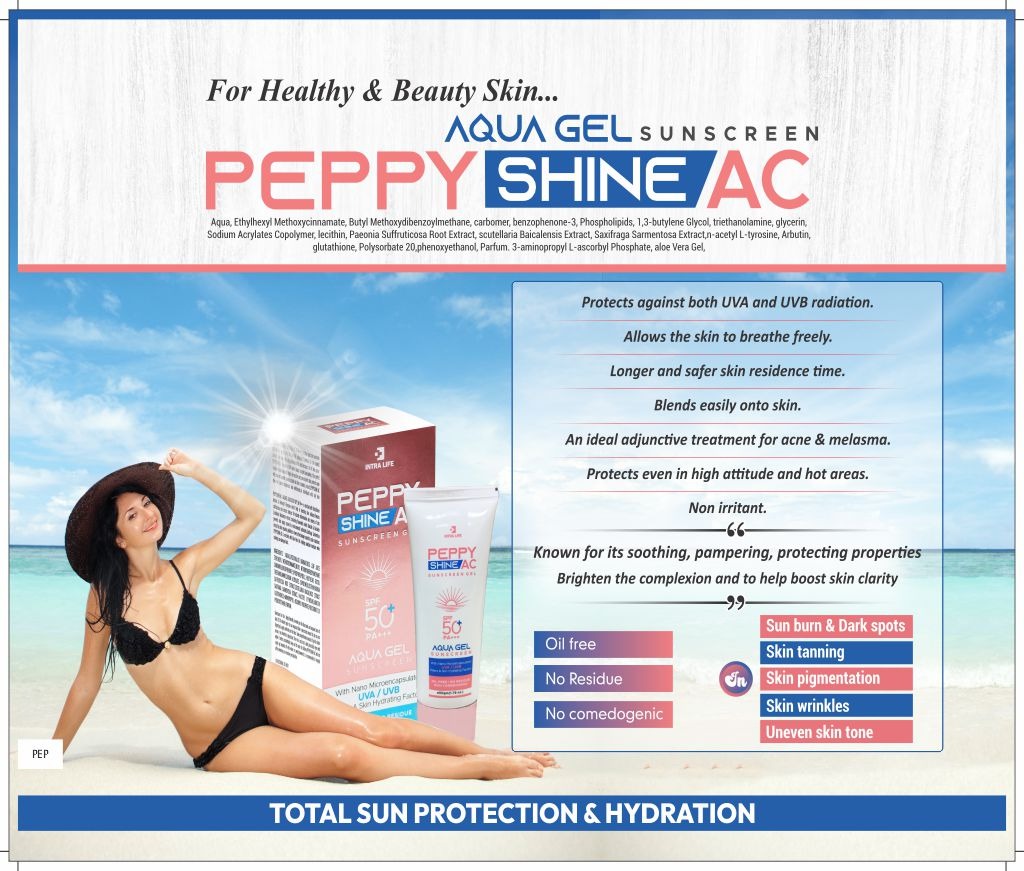 PEPPY SHINE AC SUNSCREEN GEL - AQUA, ETHYLHEXYL METHOXYCINNAMATE, BUTYL METHOXYDIBENZOYLMETHANE,CARBOMER,BENZOPHENONE-3, PHOSPHOLIPIDS,1,3-BUTYLENE GLYCOL,TRIETHANOLAMINE,GLYCERIN,SODIUM ACRYLATES COPOLYMER,LECITHIN, PAEONIA SUFFRUTICOSA ROOT EXTRACT,SCUTELLARIA BAICALENSIS EXTRACT,SAXIFRAGA SARMENTOSA EXTRACT,N-ACETYL L-TYROSINE, ARBUTIN,GLUTATHIONE, POLYSORBATE 20,PHENOXYETHANOL, PARFUM 3-AMINOPROPYL L-ASCORBYL PHOSPHATE,ALOE | Intralife Pharmaceuticals - thumbnail 2