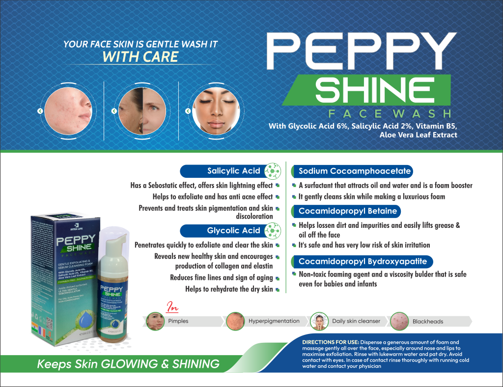 PEPPY SHINE FACE WASH - Aqua, Sodium Cocoamphoacaqua, Sodium Cocoamphoacetate, Cocamidopropyl Betaine, Sodium Lauroyl Sarcosinate,Cocamidopropyl Hydroxysultaine, Hexylene Glycol,Glycolic Acid,Glycerin,Sodium Cocoyl Apple Amino Acids,Sodium Laurylglucosides Hydroxypropylsulfonate,Sodium Hydroxide, Salicylic Acid,Peg-12 Dimethicone, Propylene Glycol, Betaine,Trisodium Citrate,Panthenol, Sodium Benzoate,Peg-120 Methyl Gluco | Intralife Pharmaceuticals - thumbnail 2