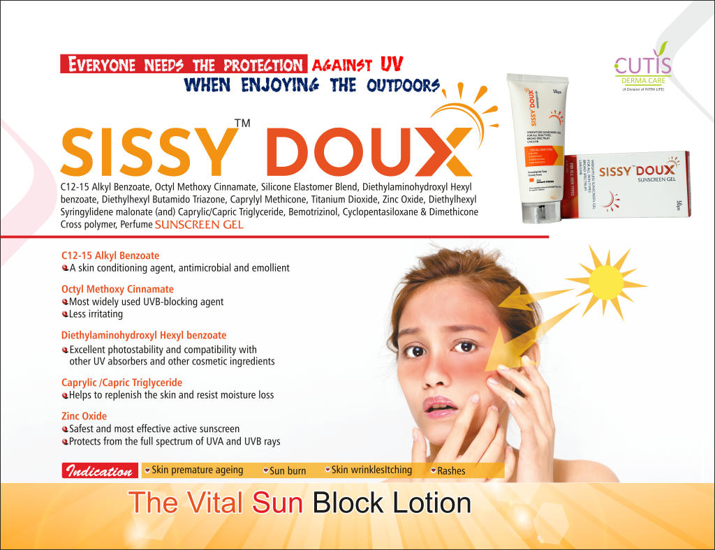 SISSY DOUX Sunscreen Gel - C12-15 Alkyl Benzoate, Octyl Methoxy Cinnamate, Silicone Elastomer Blend, Diethylaminohydroxyl Hexyl benzoate, Diethylhexyl Butamido Triazone, Caprylyl Methicone, Titanium Dioxide, Zinc Oxide, Diethylhexyl Syringylidene malonate (and) Caprylic/Capric Triglyceride, Bemotrizinol, Cyclopentasiloxane & Dimethicone Cross polymer, Perfume | Intralife Pharmaceuticals - thumbnail 2