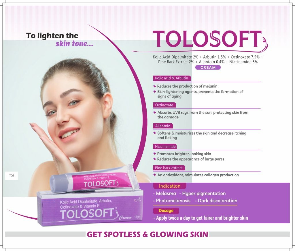 TOLOSOFT Cream - Kojic Acid Dipalmitate 2%, Arbutin 1.5%, Octinoxate 7.5%, Pine Bark Extract 2%, Allantoin 0.4%, Niacinamide 5% | Intralife Pharmaceuticals - thumbnail 2