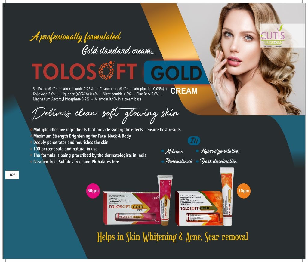 TOLOSOFT GOLD - Kojic Acid 2.0% + Liquorice (40%CA) 0.4% + Nicotinamide 4.0% + Pine Bark 6.0% + Magnesium Ascorbyl Phosphate 0.2% + SabiWhite (Tetrahydrocurcumin 0.25%) + Cosmoperine (Tetrahydropiperine 0.05%) + Allantoin 0.4% In a cream base | Intralife Pharmaceuticals - thumbnail 2