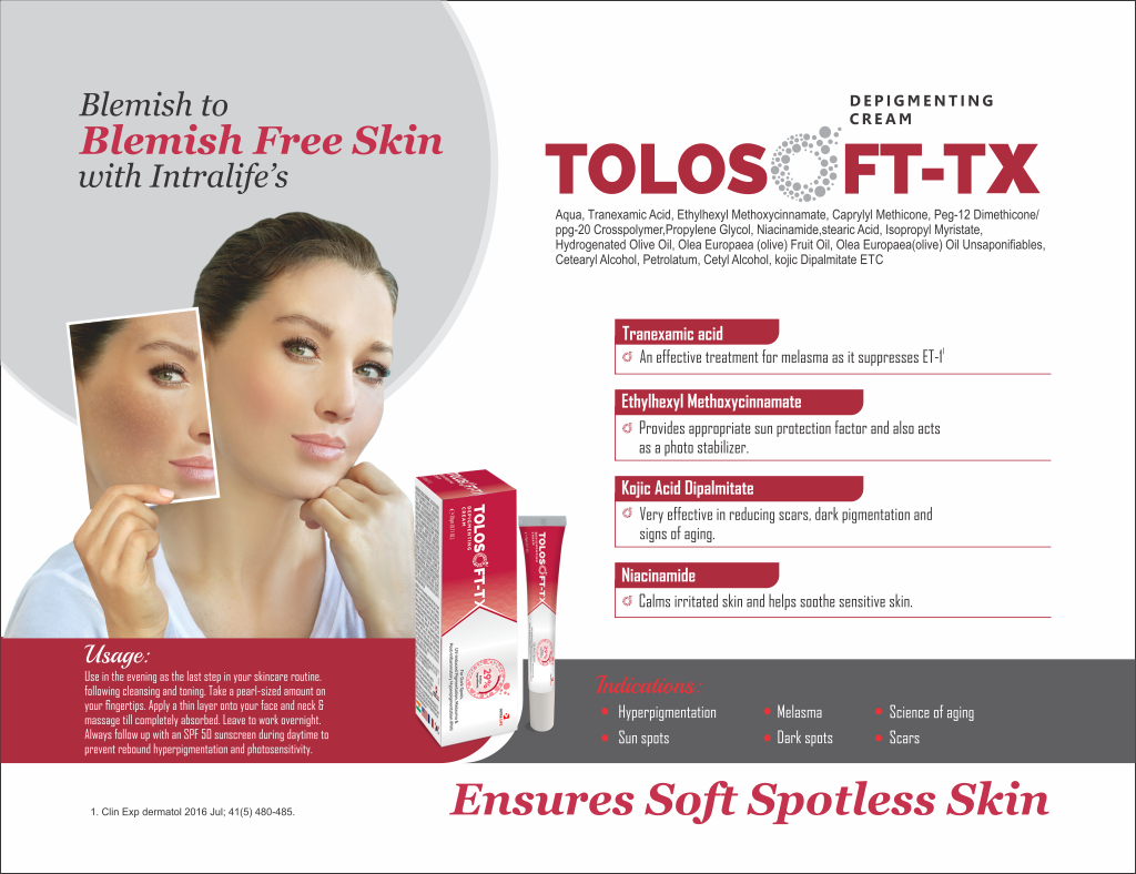 TOLOSOFT-TX DEPIGMENTING CREAM - Aqua,Tranexamic Acid,Ethylhexyl Methoxycinnamate, Caprylyl Methicone, Peg-12 Dimethicone/Ppg-20 Crosspolymer, Propylene Glycol Niacinamide, Stearic Acid etc., | Intralife Pharmaceuticals - thumbnail 2