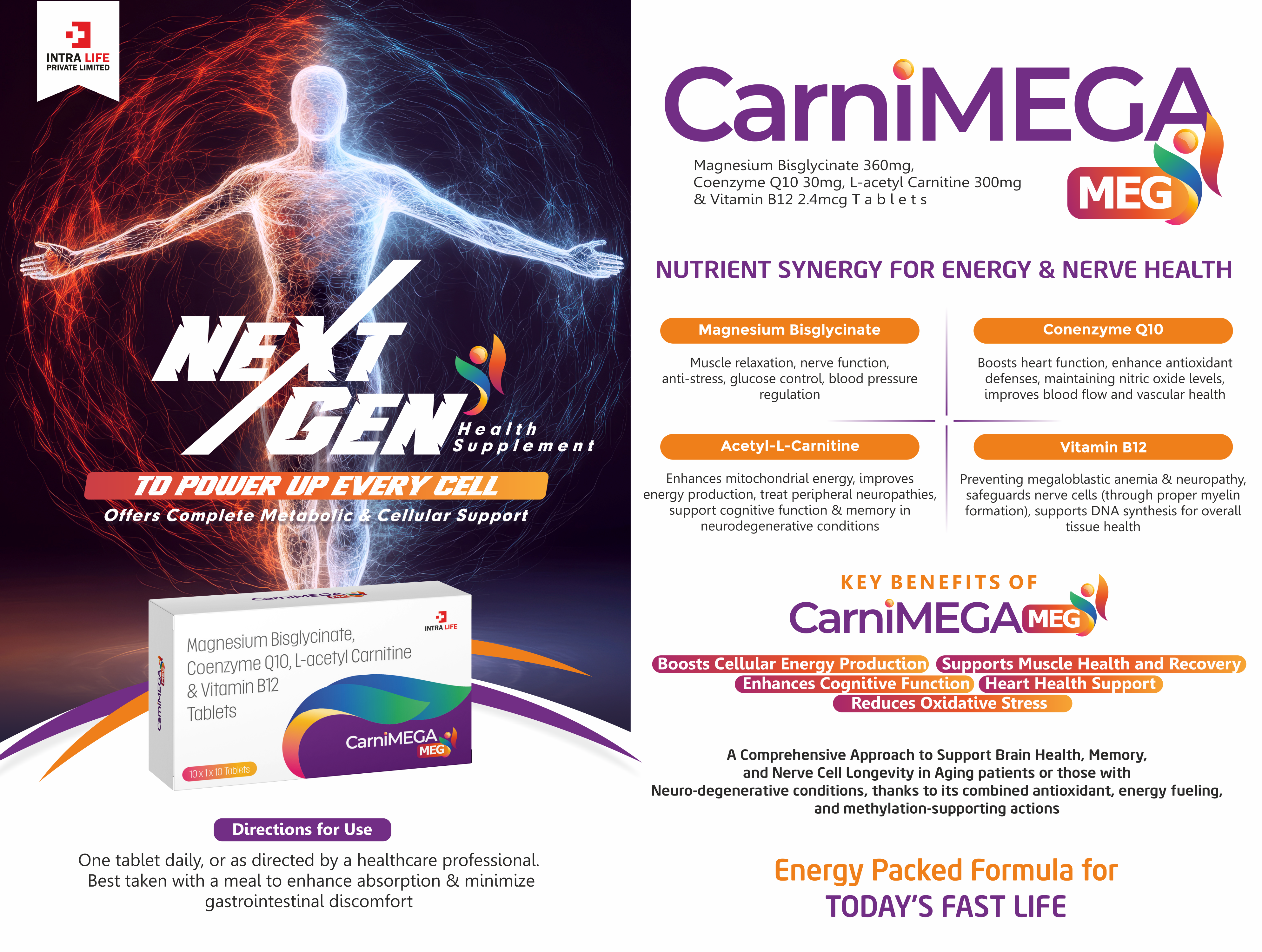 CARNIMEGA-MEG TAB - magnesium bisglycinate 360mg+ co-enzyme Q10 30mg+ L-acetyl carnitine 300mg+ B12 -2.4mcg | Intralife Pharmaceuticals - thumbnail 2