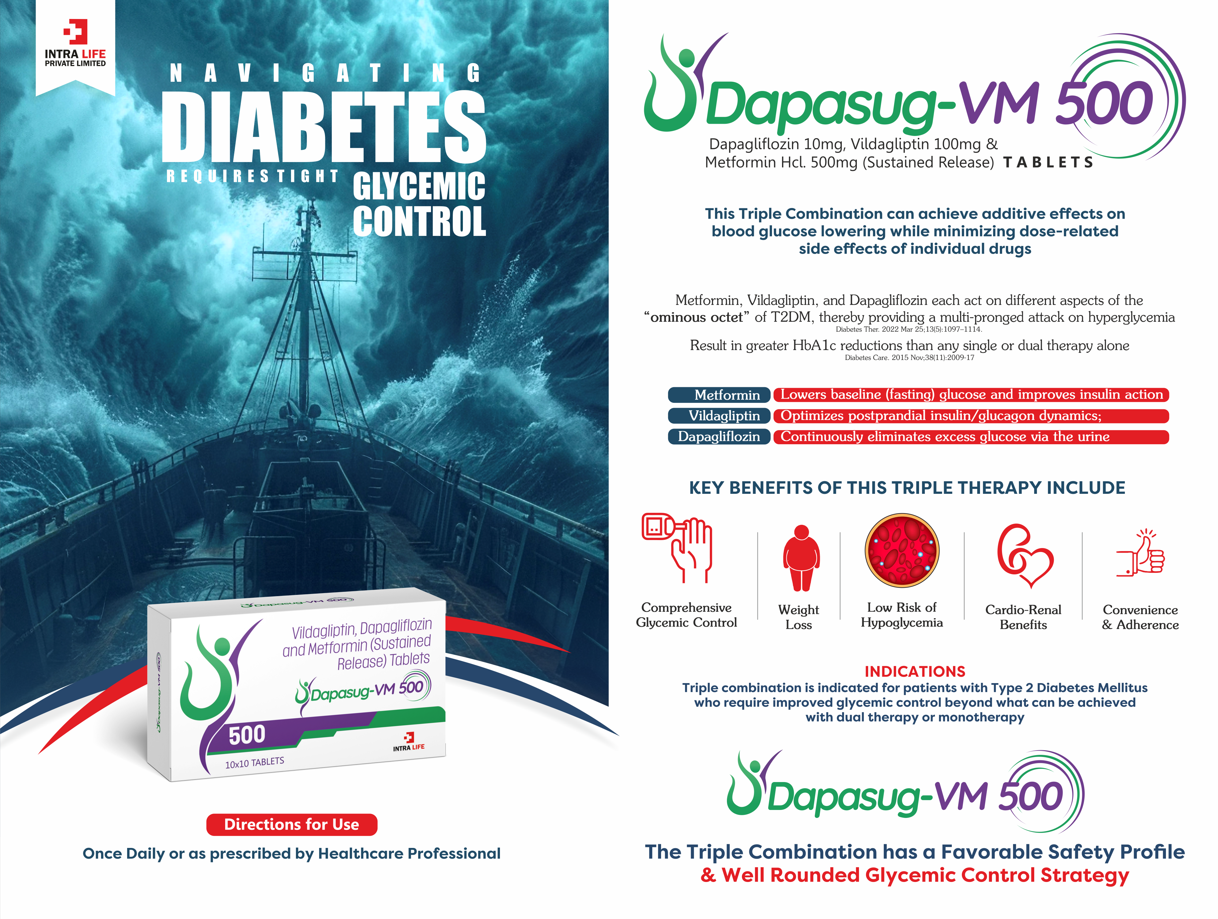 DAPASUG-VM-500 TABS Tablet - DAPAGLIFLOZIN PROPANEDIOL MONOHYDRATE 10 mg  VILDAGLIPTIN 100mg  METFORMIN HYDROCHLORIDE IP 500mg (SR) | Intralife Pharmaceuticals - thumbnail 2